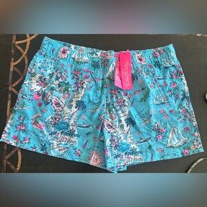 NWT Lilly Pulitzer Lilo Linen Shorts, Sz XL, Lilly’s Roadtrip Amalfi Blue